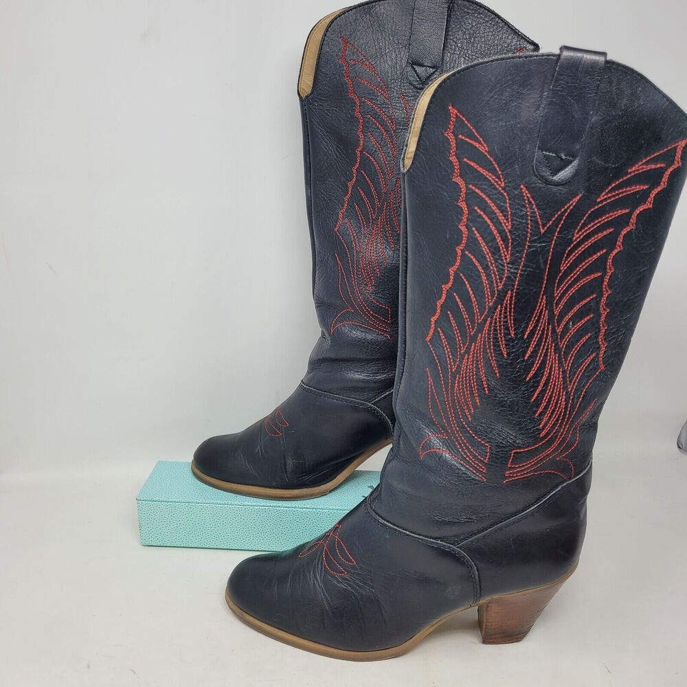 Vtg Hanna Cowboy Cowgirl Boots Western Made Canada 80's Womens 10 EU41.5 Blk Red